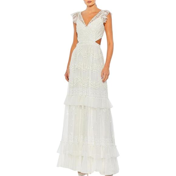 Mac Duggal NWT Lace Up Back Ruffle Skirt Dress in White Size 10